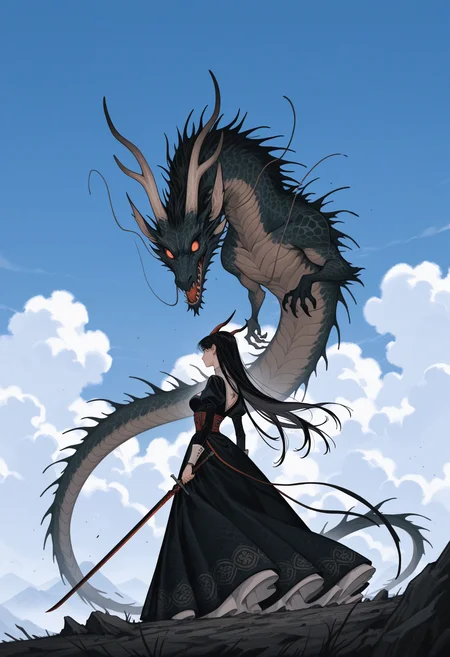 <lora:AniHuaILXL:1> an1hu4,
1girl, long hair, black hair, sky, dress, weapon, black dress, sword, cloud, holding, day, outdoors, holding weapon, horns, blue sky, standing, holding sword, long sleeves, cloudy sky, monster, juliet sleeves, breasts, dragon, puffy sleeves, masterpiece, best quality, amazing quality, intricate detail, highly detailed, absurdres,