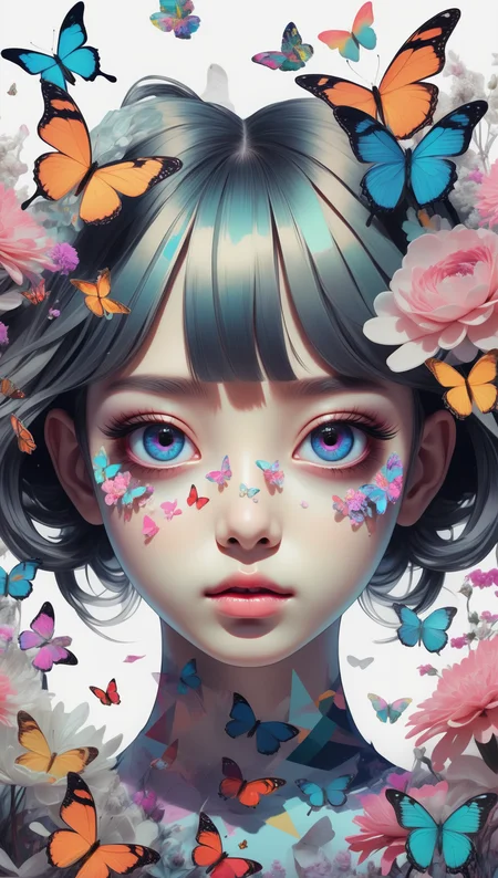 (masterpiece:1.1),(highest quality:1.1),(HDR:1),ambient light,ultra-high quality,( ultra detailed original illustration),(1girl, upper body),((harajuku fashion)),((flowers with human eyes, flower eyes)),double exposure,fusion of fluid abstract art,glitch,(original illustration composition),(fusion of limited color, maximalism artstyle, geometric artstyle, butterflies, junk art),