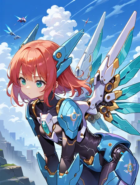 score_9, score_8_up, score_7_up,source_anime,
science fiction,floating, upper body, sky, leaning forward,
mechagirl01,solo,mecha musume,
1girl,mecha,bodysuit, armored core,
gloves,headgear,mechanical wings,
<lora:mechagirl-000002:0.7>