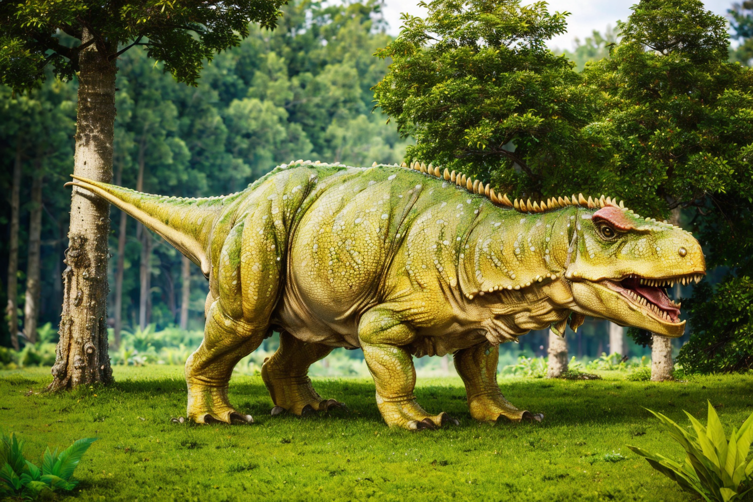 (masterpiece, best quality:1.2), ultra-detailed, Green, red, and yellow jungle dinosaur tricerasauruss, (realistic:1.5), <lora:EdobDinosaurs_v1.0:1>