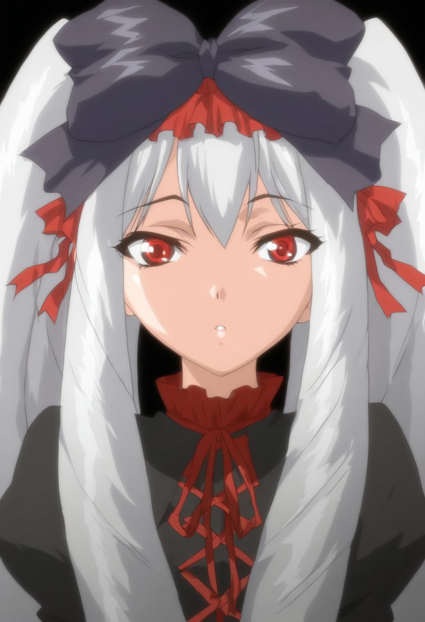 masterpiece,best quality,amazing quality, WRikka, long hair, ribbon, hair ribbon, red eyes, anime coloring, twintails, white hair, drill hair, red laces, , anime coloring