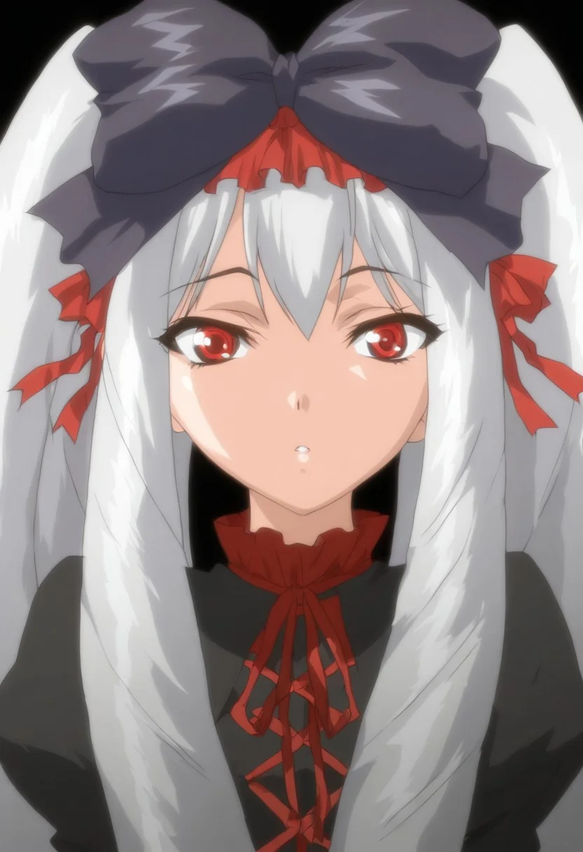 masterpiece,best quality,amazing quality, WRikka, long hair, ribbon, hair ribbon, red eyes, anime coloring, twintails, white hair, drill hair, red laces, , anime coloring