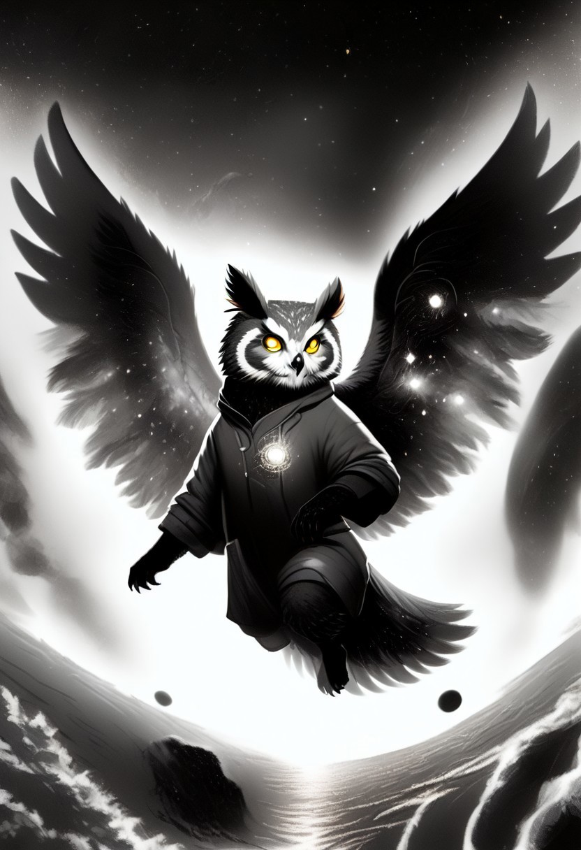 Score_9, Score_8_up, Score_7_up, lora:Navi_Celestial_Skin_PonyXL:1.1 nv-celestialskin, redpandafolk, rabbitfolk, owlfolk, foxfolk, sketch, monochrome, greyscale, YR_GradLight, 0u73r5p4c3, space, planet, nebula, galaxy, asteroid, GalaxyTelepurteSDXL, StarrySkies, scenery, stars (sky), background, night sky, vibrant colored skin, void cosmic body, deep black skin, ethereal silhouette, nebula patterns, animal theme focus, majestic owl
