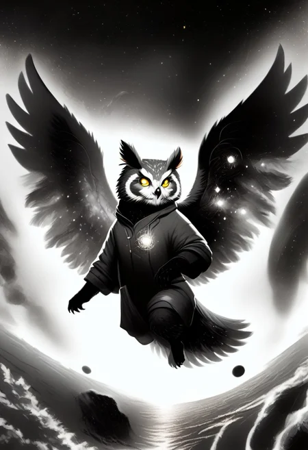Score_9, Score_8_up, Score_7_up, lora:Navi_Celestial_Skin_PonyXL:1.1 nv-celestialskin, redpandafolk, rabbitfolk, owlfolk, foxfolk, sketch, monochrome, greyscale, YR_GradLight, 0u73r5p4c3, space, planet, nebula, galaxy, asteroid, GalaxyTelepurteSDXL, StarrySkies, scenery, stars (sky), background, night sky, vibrant colored skin, void cosmic body, deep black skin, ethereal silhouette, nebula patterns, animal theme focus, majestic owl