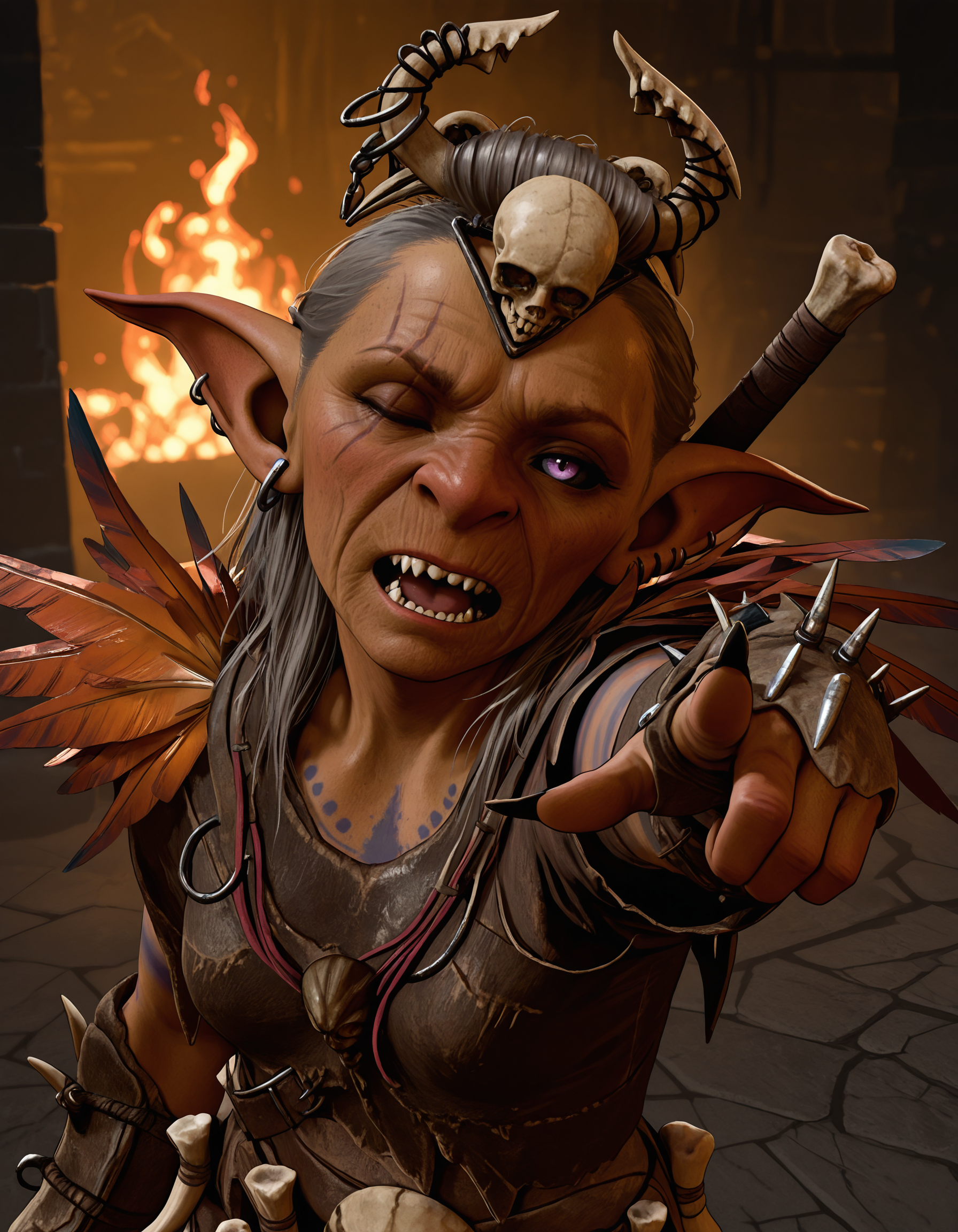 masterpiece, best quality, amazing quality, very aesthetic, absurdres, newest, volumetric lighting, <lora:BG3_PriestessGutGT:0.8>, bg3truesoulgut, shortstack, fire,
1girl, female goblin, mature female, colored skin, scar on face, right eye closed, grey hair, pointy ears, black sclera, purple eyes, hair slicked back, small breasts, ear piercing, earrings, scar on right eye, skull hair ornament, bone hair ornament, blue tattoos, patchwork clothing, shoulder feathers, bone gauntlets, bone belt, weapon on back, looking at viewer, head tilt, wrinkled skin, portrait, reaching towards viewer, open mouth, teeth, pointing, sharp nails,
