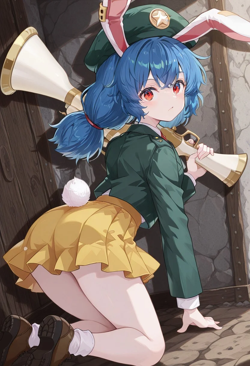 solo, 1girl, seiran, red eyes, blue hair, long hair, low twintails, rabbit ears, rabbit tail, seiran \(eagle ravi special forces\), alternate costume, earclip, green headwear, beret, crescent pin, green jacket, long sleeves, collared shirt, white shirt, red necktie, yellow skirt, pleated skirt, white socks, brown footwear, buttons, lunatic gun, holding gun,
masterpiece,