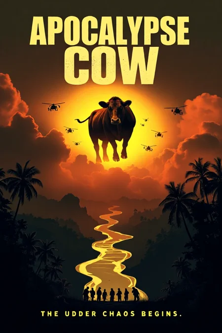 mvpstr. Movie poster for "Apocalypse Cow" features an intense, sunset-lit battlefield with thick, dark clouds. In place of helicopters, cows are flying across the sky, with one massive cow looming ominously in the center, casting a shadow over the landscape. Below, a river of milk winds through a jungle setting. The text "Apocalypse Cow" is in bold, distressed font at the top. At the bottom, a group of bewildered soldiers look up at the cows, while the tagline reads: "The Udder Chaos Begins." <lora:schnell_v1.0:1.0> <lora:EpicMoviePoster-000015:0.8>