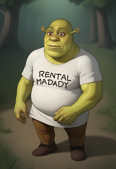 score_9, score_7_up BREAK male focus,shrek, green skin,plump,swamp,"rental daddy", clothes writing, white shirt, t-shirt <lora:asr_pd_glora_t1:1> <lora:Shrek_XLPD:0.8> <lora:rentalmommy-outfit-richy-v1_pdxl:0.8>