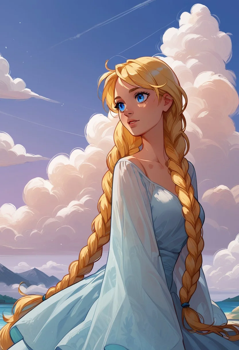 score_9, score_8_up, score_7_up, summer, purple sky, clouds, warm light, amazing background,
slavya, blonde hair, very long hair, long hair, twin braids, blue eyes