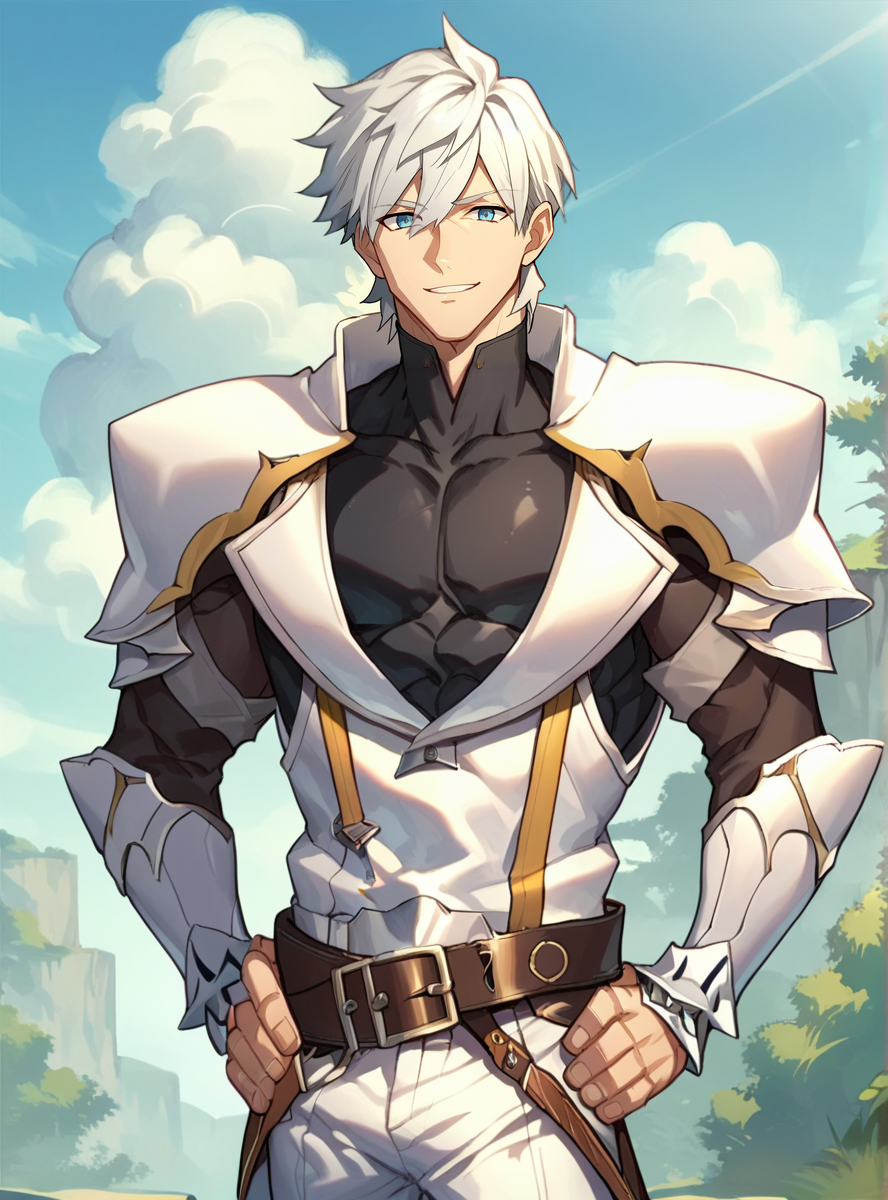 score_9, score_8_up, score_7_up, score_6_up,source_anime anime screencap, anime coloring,   <lora:PercivalFGO:0.8>percivalfgo, male focus, 1boy, solo, muscular, armor, blue eyes, short hair, white hair, looking at viewer, bodysuit, belt, shoulder armor smile, hands on hips