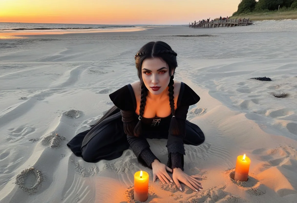 NM_tes_Serana,,
black hair, medium hair, crownbraid, orange eyes, glowing eyes, vampire fangs
kneeling in the sand,
looking at the viewer,
at a public beach , beach scene, medieval scene,
evening, sunset, lit candles,
cinematic shot,
8k ,realistic photo, highly detailed,
uncensored