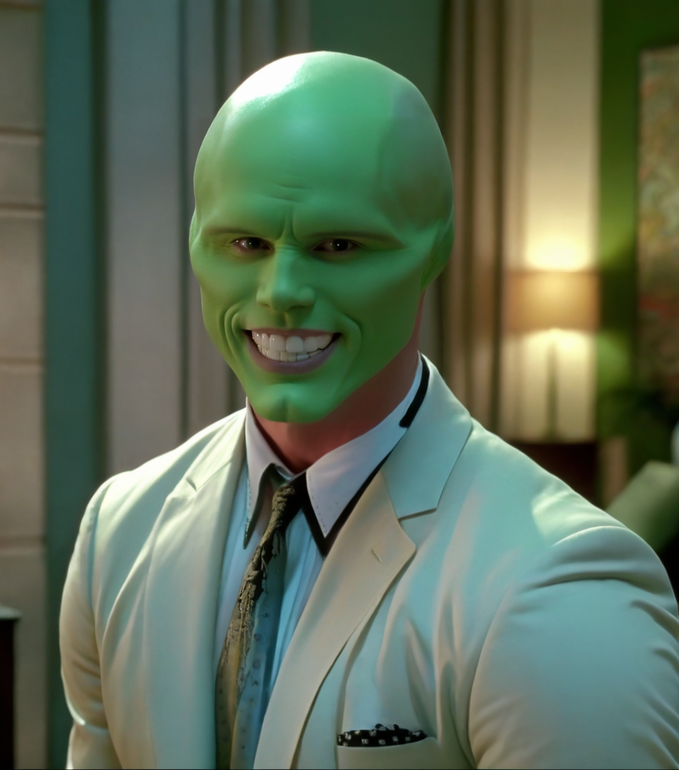 an extremely sexy muscular bald handsome attractive man with a sexy (((green head))), a sexy green model face, a sexy strong jawline, sexy wide shoulders, sexy handsome detailed bright eyes and huge beautiful white teeth in a room a night, highly detailed, best quality <lora:1990's The Mask 1994 style xl v1:1.5> 1990's
solo, looking at viewer, smile, grin, high budget,  cinemascope, moody, epic, gorgeous