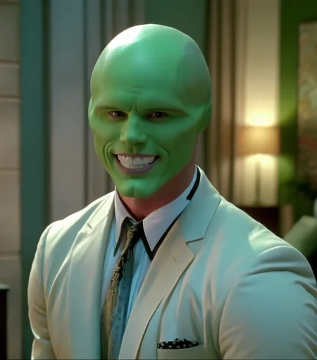 an extremely sexy muscular bald handsome attractive man with a sexy (((green head))), a sexy green model face, a sexy strong jawline, sexy wide shoulders, sexy handsome detailed bright eyes and huge beautiful white teeth in a room a night, highly detailed, best quality <lora:1990's The Mask 1994 style xl v1:1.5> 1990's
solo, looking at viewer, smile, grin, high budget,  cinemascope, moody, epic, gorgeous