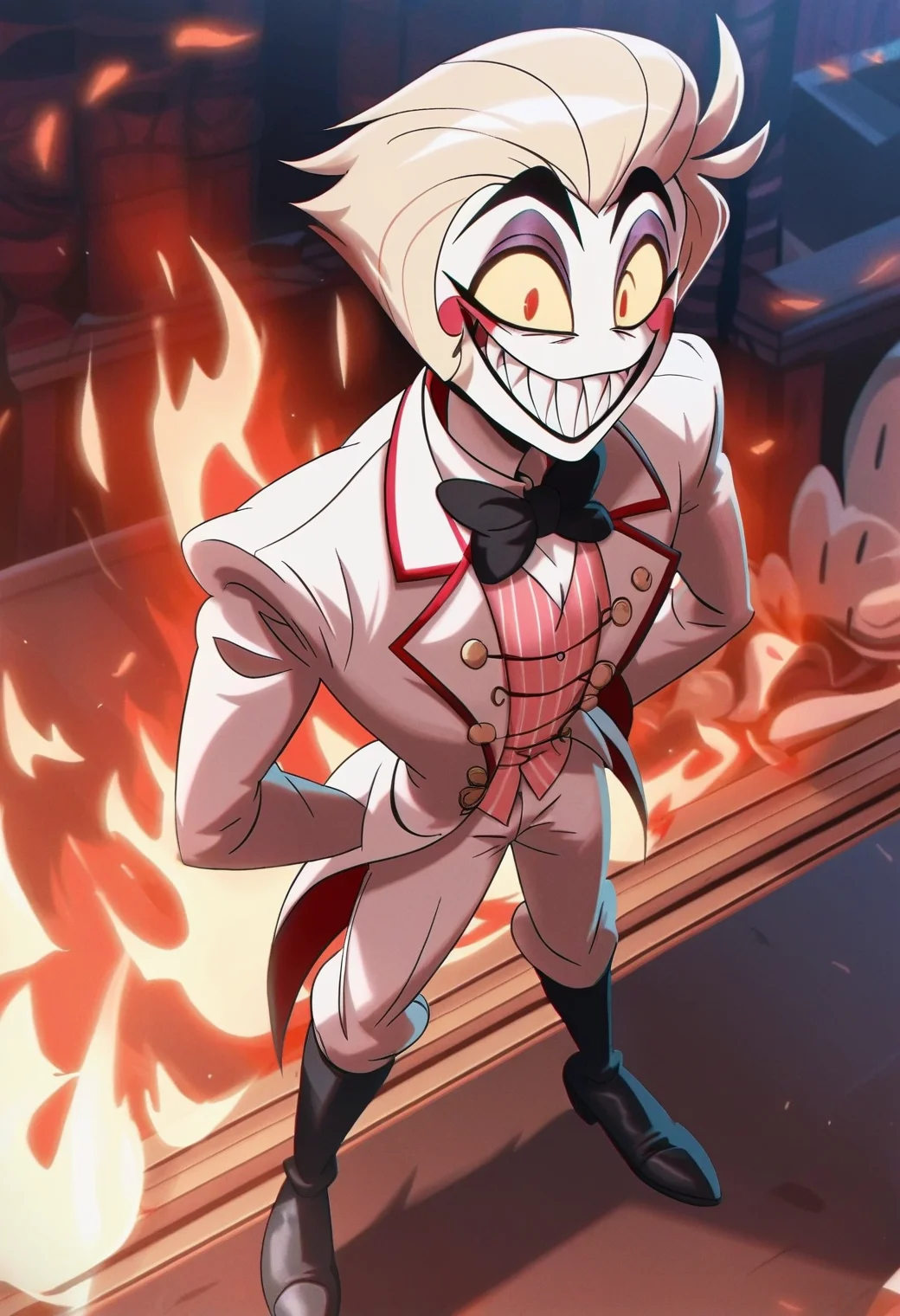 1boy, <lora:lilith_hazbin_hotel_ponyxl_v2:1>, lucifer morningstar \(hazbin hotel\), red eyes, yellow sclera, solo, full body, sharp teeth, white suit, formal, black boots, black footwear, evil grin, black bow, pink vest, striped vest,
standing, burning city, night, fire, skyscraper, evil laugh, open mouth, wide-eyed, from above,
score_9, score_8_up, score_7_up, score_6_up, film grain