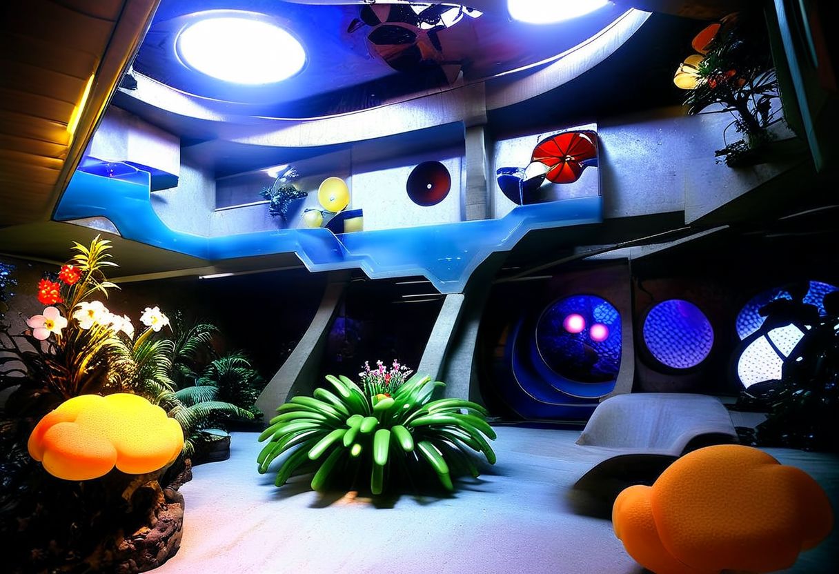 Photograph, masterpiece,best quality, of An astonishing award winning, art installation, the interior of an incredible starship, poly acrylic resin molded tree sculptures, fake plastic flowers, 1970s Brazilian Tropicalia retrofuturism, in the style of Pipilotti Rist, complex shadows, retro, science fiction style