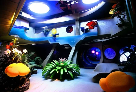 Photograph, masterpiece,best quality, of An astonishing award winning, art installation, the interior of an incredible starship, poly acrylic resin molded tree sculptures, fake plastic flowers, 1970s Brazilian Tropicalia retrofuturism, in the style of Pipilotti Rist, complex shadows, retro, science fiction style