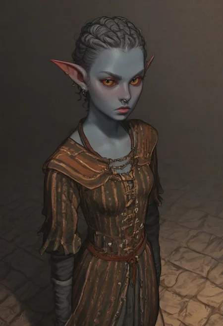 safe_pos, solo, short pointy ears, piercings, random elf face, aquiline features, female dark elf, brow rings, nose rings, beaded piercings, weathered skin, large nose, insect chitin armor, insect chitin helmet, insect chitin ornaments, stylized insect pattern, athletic build, animated realism, zoomed out, Syrian features, torso, brass pipes and gears, intricate architecture, dwarven masonry, dwemer fixtures, white-green light, gloomy lighting, ancient ruins, interior, stone tiled floor, grey-blue skin, mahogany and ivory clothes, medium armor, bone plate armor, ivory straps and fittings, alien bone ornaments, grey wood neckguard, red sclera, black pupils, blue-green light, neon, highly detailed, defined features, looking at viewer, three quarters view, from above, dynamic lighting, 19 years old, light and shadows, patterned cloth, annoyed expression, expressive eyes, detailed medieval clothes, medium_breasts, short hair, wavy hair, thick hair, beaded hair, braided hair, under cut hair, semirealistic, alien elf, spanish features, jewish features, white grey hair, dark red hair, umber skin, sharp features, pastel green inuit print cloak, nighttime, high detail, absurdres, pretty eyes, detailed eyes, yellow eyes,