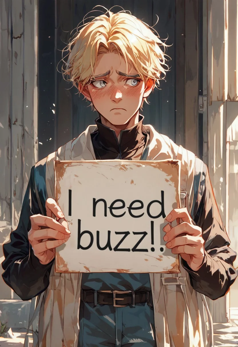 score_10, score_9, score_8, score_7_up, need_buzz, holding sign, source_anime, 1boy, blonde hair, silver eyes, shy, looking away