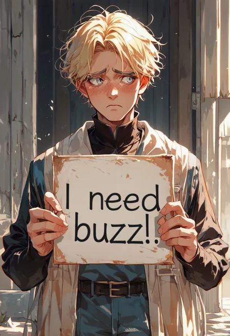 score_10, score_9, score_8, score_7_up, need_buzz, holding sign, source_anime, 1boy, blonde hair, silver eyes, shy, looking away