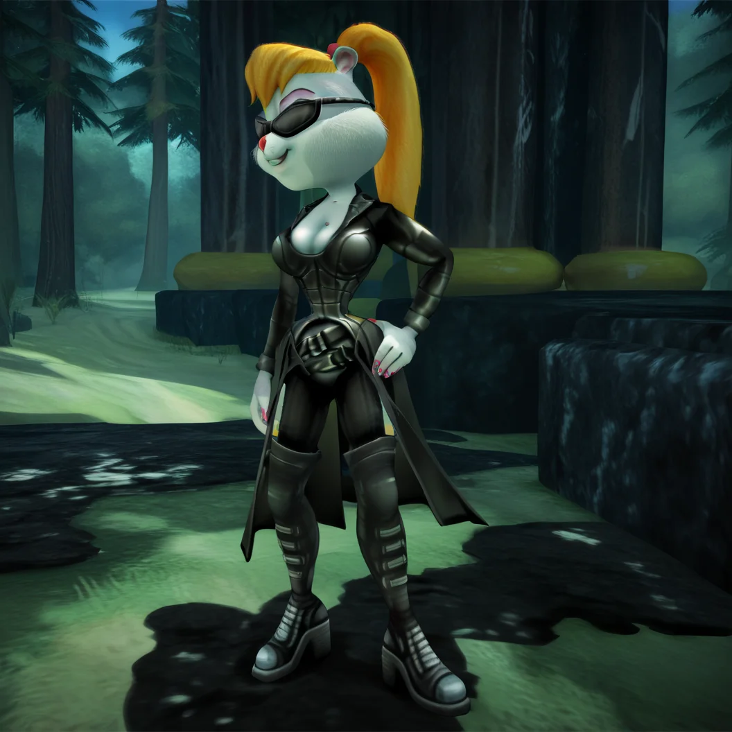 score_9, score_8_up, score_7_up, score_6_up, score_5_up, score_4_up, BREAK, <lora:BerriCBFD:1>, cbfdberri, 1girl, solo, breasts, smile, cleavage, animal ears, boots, medium breasts, nail polish, standing, outdoors, full body, sunglasses, belt, holding, furry, hand on hip, black footwear, furry female, grey fur, tree, black jacket, blonde hair, bodysuit, ponytail, black bodysuit, bodyfur, nature, day, leather, night, leather jacket, thigh boots, grass, forest