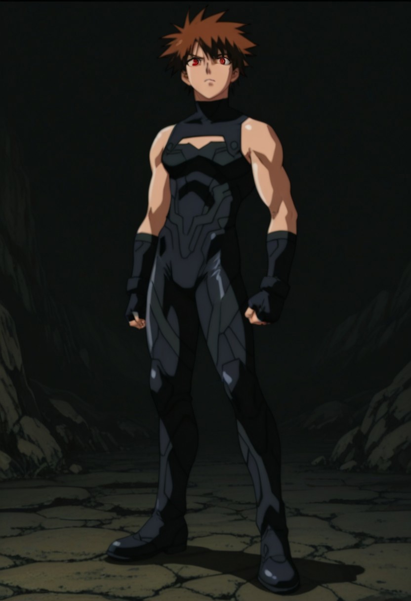 ((HD, High Quality, masterpiece, very aesthetic, absurdres)), ((perfect anatomy, perfect eyes, perfect face)), ((handsome, attractive, cute, sexy, charming)), ((Anime, anime screencap, anime coloring)), ((1male, 1boy, solo male only, one male character only)), ((Eiji Shigure, brown hair, red eyes, black sleeveless turtleneck bodysuit, chest window, black fingerless gloves)), looking at viewer, front view, ((full body shot)), ((2000s anime art style)), tall body, tall height, muscular, slim figure