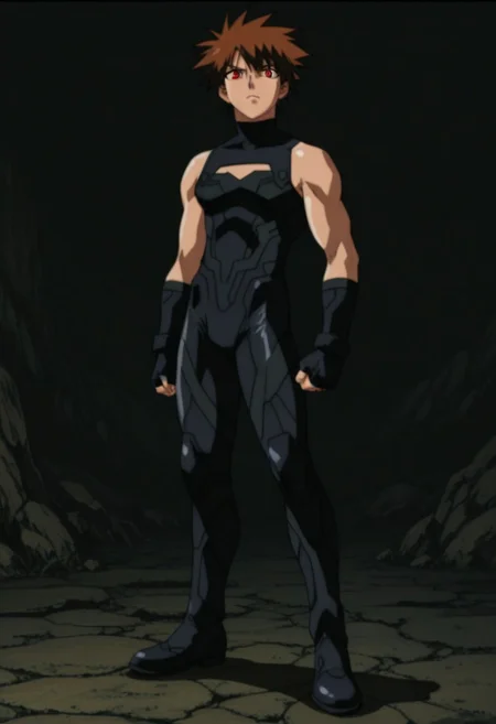 ((HD, High Quality, masterpiece, very aesthetic, absurdres)), ((perfect anatomy, perfect eyes, perfect face)), ((handsome, attractive, cute, sexy, charming)), ((Anime, anime screencap, anime coloring)), ((1male, 1boy, solo male only, one male character only)), ((Eiji Shigure, brown hair, red eyes, black sleeveless turtleneck bodysuit, chest window, black fingerless gloves)), looking at viewer, front view, ((full body shot)), ((2000s anime art style)), tall body, tall height, muscular, slim figure