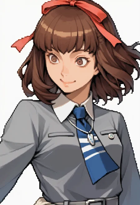 score_9, score_8_up, score_7_up, source_anime, 1girl, solo, smile,
<lora:zs_DevilSurvivorPortraitsXL:1> devilsurvivorportraits, portraits, white background
<lora:zs_MakiXL:1> makip1, brown hair, medium hair, bangs, brown eyes, hair ribbon, grey dress, white collar, blue tie, belt, necklace