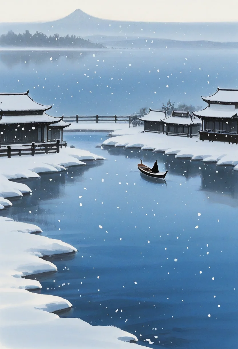1boy, long sleeves, mature male, distant, canoe, minimalism, east asian architecture, winter, snow, lake, river, snowing, horizon, scenery,
BREAK
<lora:Ink_wash_painting_style_from_Doubao_AI_v1:1> dbiwpstyle, traditional media, high contrast,
BREAK
best quality, masterpiece, very aesthetic, absurdres, highest detailed, very awa, simple background,