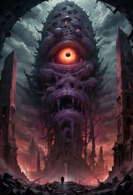huge golem towering over you, POV, complicated architecture, horror atmosphere, EdobHorrorLandscape, purple veins on obelisk, huge eye above, it watches, something lurks in the dark, sphere in the sky many eyes looking from it, dark night, very busy sky, storm, dim fog, atmospheric, (red glow), romantic impressionism, absurdres, scenery art, matte painting, horror, beautiful digital painting, anime landscape, scary painting, paintlike, dreamy,