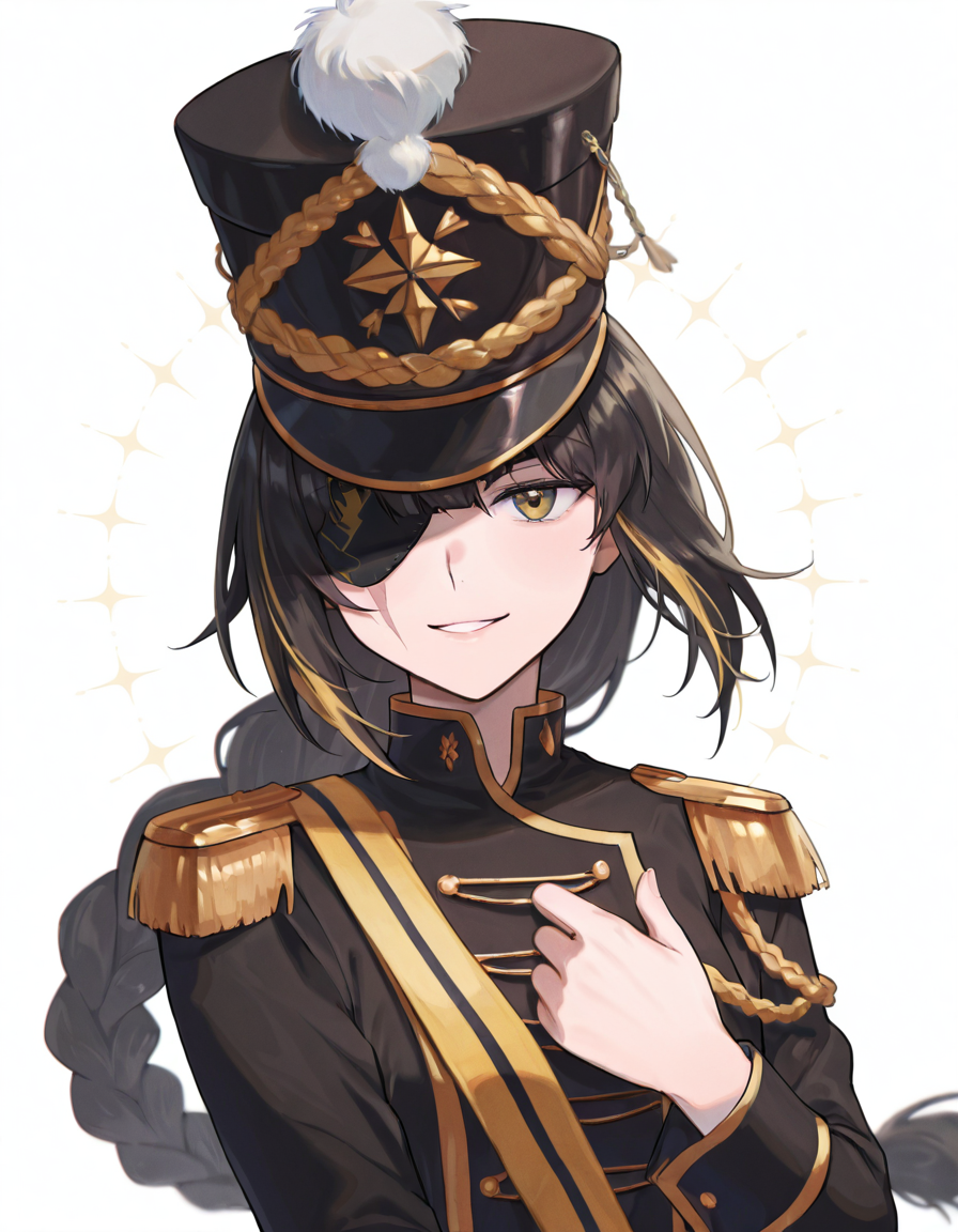 Volumetric Lighting, (masterpiece), (best quality), (ultra-detailed), masterpiece, source_anime, score_9, score_8_up, score_7_up BREAK, illustration, disheveled hair, detailed eyes, perfect composition, moist skin, intricate details, detailed eyes, detailed face, detailed fingers BREAK, yellow eyes, black hair,streaked hair, blonde hair, very long braid, single braid, scar across eye BREAK, BlazingSunOnTheRuins,BSR_epaulettes, BSR_shako_cap, def_eyepatch BREAK, (((white background))), looking at viewer, upper body, face focused,smile