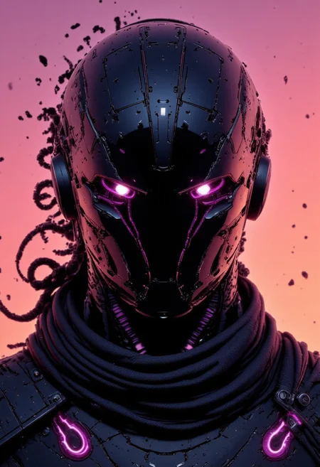 Eye-trails, eyes trail, realism, photorealistic, volumetric lighting, atmospheric dust, floating particles, billowing Hair, 4k, uhd, Maximum resulution, hyper detailed,. hyperdetailed, hyperpunk, cinematic Extrem Closeup of the intricate chaotical luminous designed technical helmet of the ARob cyborg with the cinematic Focus on the nano implemented eyes, photo of a Sideview dark Sci-fi armored cyberpunk Cyborg samurai infront of moody pink/orange synthwave sundawn