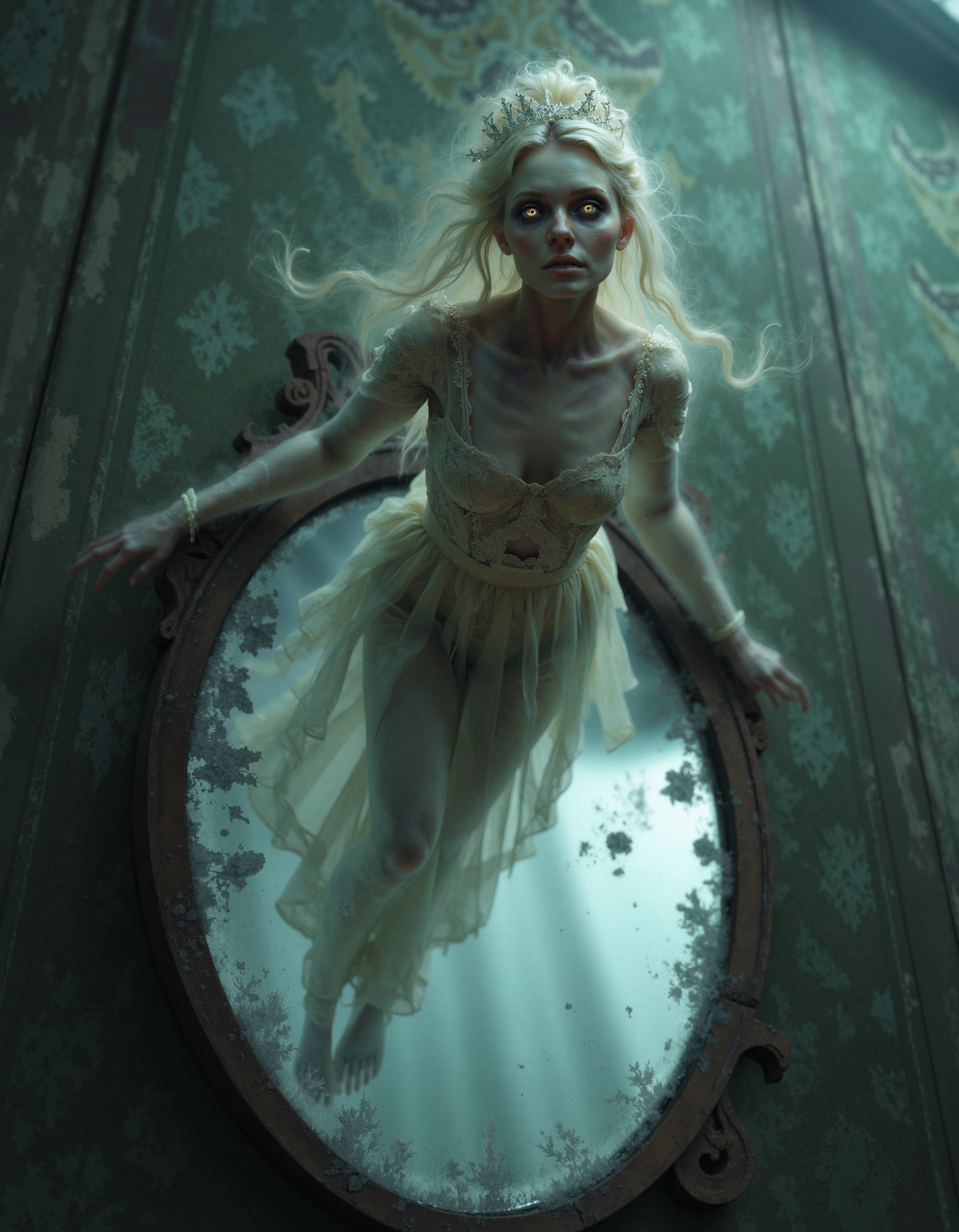 zavy-ghst, Low-angle close-up shot, a translucent figure resembling a Victorian-era woman with tattered lace and glowing eyes, gently floating above an old, cracked mirror reflecting a dimly lit room, surrounded by dust particles and faded wallpaper, ethereal and dreamy style, soft pastels with hints of silver and deep emerald.