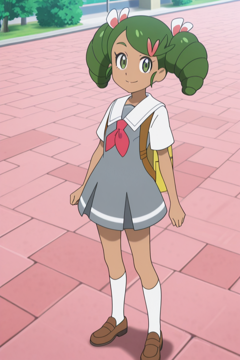 1girl, standing, looking at viewer, smile, outdoors, 
 <lora:mallow_scho_magi_1:1> mag3ca gir7l,mall7ow_un7form,green eyes,dark skin,dark-skinned female, green hair,twintails, curly pigtails,hair clips,yellow backpack,gray school uniform,sailor collar, red scarf, white socks, brown shoes,, masterpiece, high quality, absurdres, best quality, very aesthetic, newest,