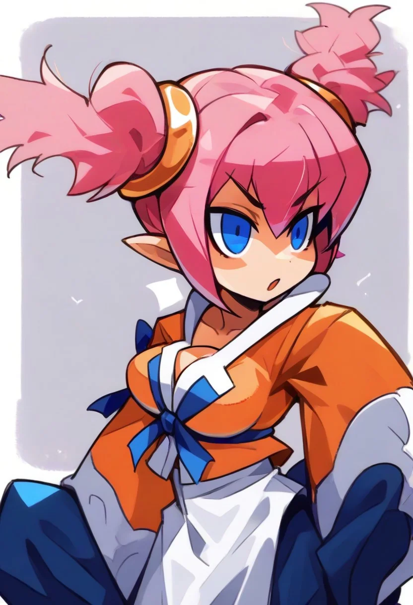 , fghtmstrssxl,twintails,blue eyes,pink hair,short hair,pointy ears,, cleavage cutout,orange shirt with long sleeves,blue pants,long white shirt,blue ribbon,long white pelvic curtain, ,bow,,<lora:FightMistressXL:0.9>,