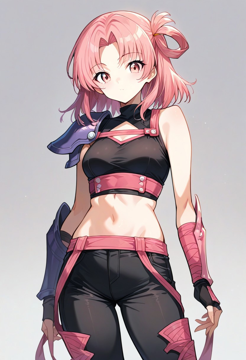 score_9, score_8_up, score_7_up, c3l3st3, pink hair, pink eyes, black top, shoulder cutout, ninja, holding kunai, kurokote (armour), muneate (armour),  black pants, source_anime, ntm,