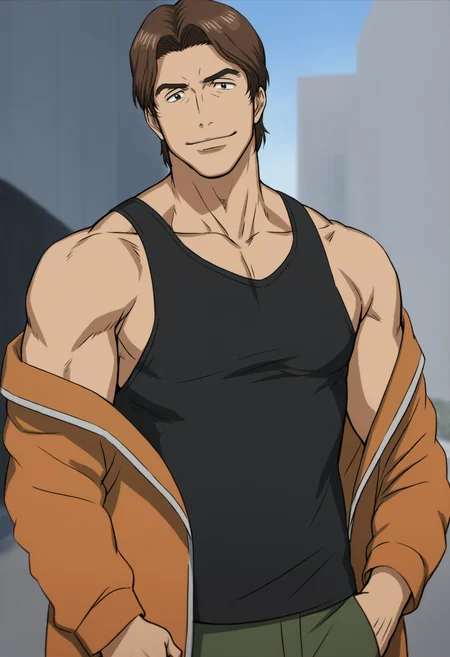 1boy, miki_kiseijuu,  brown hair, black eyes. black tanktop, orange jacket, open jacket, score_8_up, score_7_up, score_6_up, score_9, a muscular man at street scenery, building, sunny, sky, standing, (manly),face_focus, mddle-age man, muscular,stocky body,,looking at viewer, detailed eyes, 8k uhd, high quality, standing, cinematic angle, smile, pull off jacket, bare shoulder
