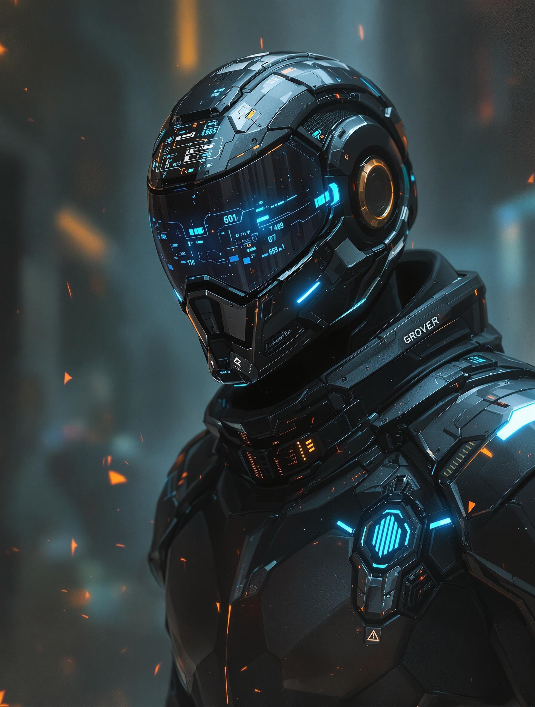 n atmospheric and powerful dark fantasy, impressionist classical-style painting of an futuristic A m3m3 photo, high-resolution cyberpunk-style render, Grover depicted as an agile courier, wearing sleek aerodynamic gear with luminescent strips and a visor displaying data streams