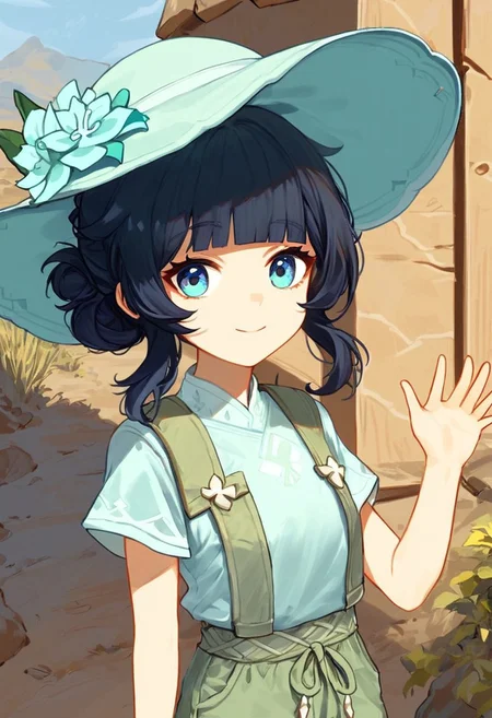 Score_9, score_8_up, score_7_up, Genshin Impact Style, source_anime, desert town, arid terrain, cacti, stone houses, outside, 1girl, solo
Black hair, 1 large hair bun, large hair bun, round hair bun, short hair, trimmed bangs, flat bangs, staring at viewer, facing viewer, blue eyes, curious, smiling, short, waving, blue poofy pants, light green cloth vest, light blue shirt, turquoise sunhat, giant flower hat, turquoise flower