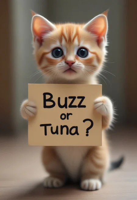 A kitten holding a sign with text "buzz or tuna, plzzz?" <lora:buzz-text:1>