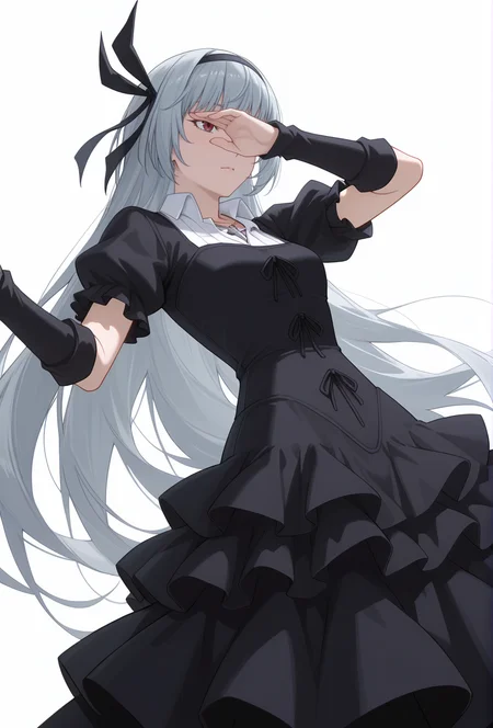 Smooth Quality,masterpiece,very intricate, high quality details, ultra realistic, high detailed skin,detailed enviorement,absurdres,
simple background, white background,solo,
from below,dancing,
facepalm,
<lora:Valentine_CNR:0.8> valentine_cnr, 1girl, blue eyes, grey hair,red eyes, heterochromia, blue eyes,very long hair,
valentine_def, black dress,gothic fashion, puffy sleeves, short sleeves, arm warmers, black hairband, cross necklace, hair ribbon, hairband,