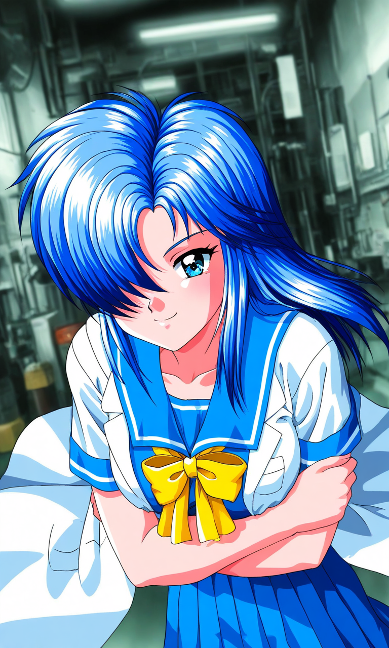 general,highres, ultra-detailed,very aesthetic,best quality ,best hands, BREAK  <lora:Himoo_Yuina_Tokimeki_Memorial_IS:1>
Himoo_Yuina(Tokimeki_Memorial), 1girl, solo, blue hair, hair over one eye, blue eyes, long hair, breasts,  smile,
cool face, cross arms. lab coat, 
blue school uniform, serafuku, jewelry, yellow bow, Yellow bow, blue skirt, blue sailor collar, white shirt, 
pleated skirt, short sleeves, 
factory, mechanic,