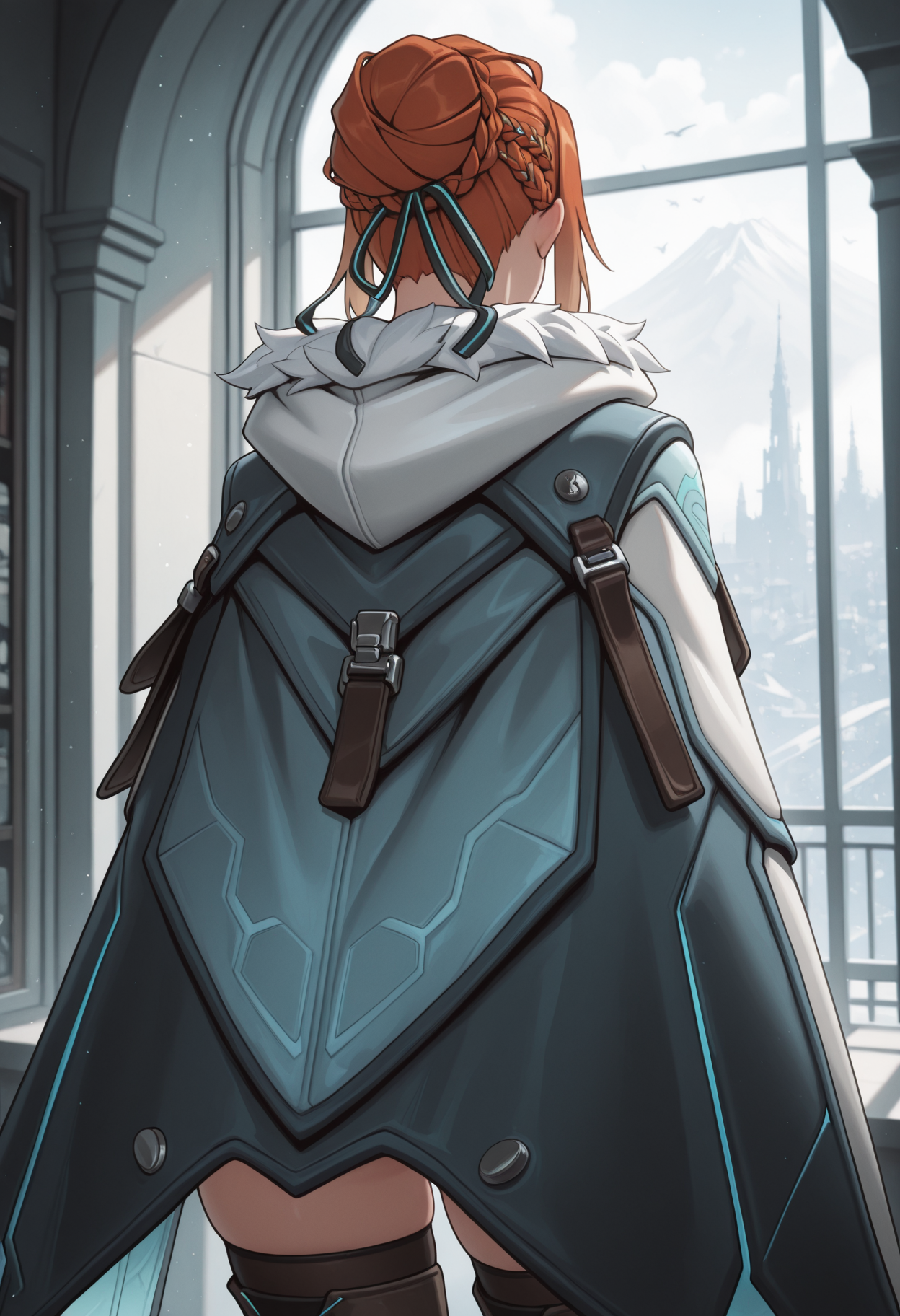 masterpiece, best quality, amazing quality, <lora:frejaV2Illustrious:1> ow2freja,1girl, solo,
ow2freja, , cape, from behind, thighhighs, , , cowboy shot