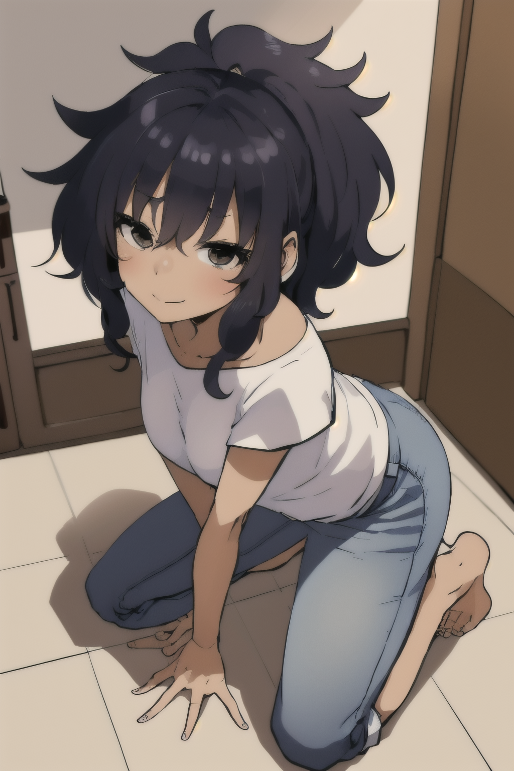 Poles 45 years old woman Black Jheri Curl, in the Kitchen, Lying on stomach with one leg bent and foot flat on the floor, with arms extended above head, Jeans and a white t-shirt, EdobSouichirouYamamotoArtStyle  <lora:EdobSouichirouYamamotoArtStyle_v1.0:0.8>