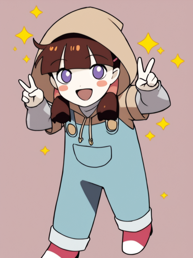 score_9, score_8_up, score_7_up, score_6, source_anime, 1girl, <lora:BigO_PDXLv0a (tami only test):0.9> tami_\(the_big_o\), pale skin, brown hair, blush stickers, purple eyes, twintails, hairclip, red white footwear, blue overalls, gray long sleeves, hood, big smile, happy, v, cute pose, simple background, sparkle,