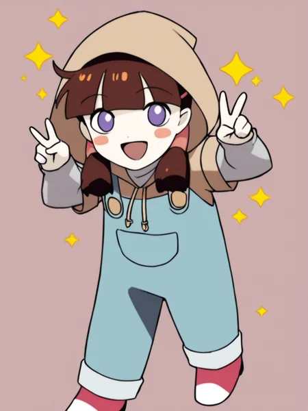 score_9, score_8_up, score_7_up, score_6, source_anime, 1girl, <lora:BigO_PDXLv0a (tami only test):0.9> tami_\(the_big_o\), pale skin, brown hair, blush stickers, purple eyes, twintails, hairclip, red white footwear, blue overalls, gray long sleeves, hood, big smile, happy, v, cute pose, simple background, sparkle,