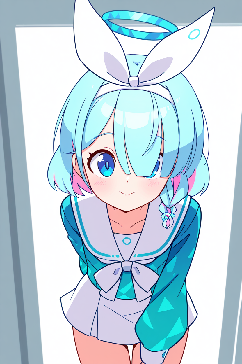 masterpiece, best quality,  zzArona, blue eyes, blue hair, hair over one eye, bangs, blue halo, mechanical halo, long sleeves, ribbon, school uniform, serafuku, skirt, white skirt, <lora:AronaBlueArchiveIXL:1.0>,  , <lora:DiivesIXL:1.0>,, cowboy shot, leaning forward, smile, looking at viewer, shiny skin,