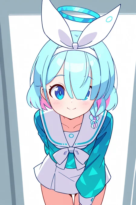 masterpiece, best quality, zzArona, blue eyes, blue hair, hair over one eye, bangs, blue halo, mechanical halo, long sleeves, ribbon, school uniform, serafuku, skirt, white skirt, <lora:AronaBlueArchiveIXL:1.0>, , <lora:DiivesIXL:1.0>,, cowboy shot, leaning forward, smile, looking at viewer, shiny skin,