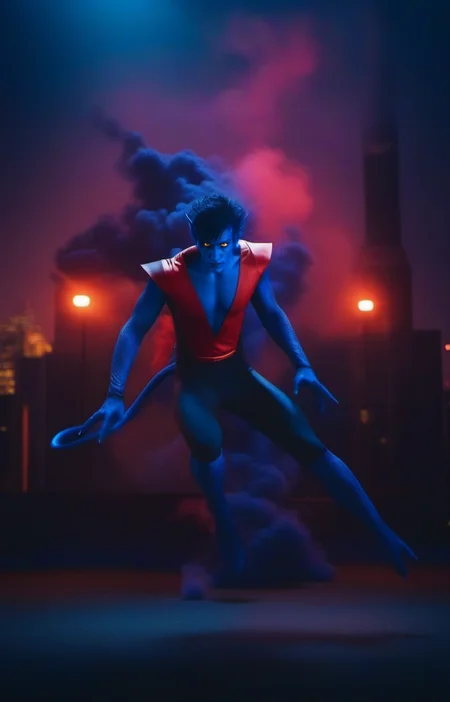 cinematic photo full body man with a blue skin, pointy ears, ((red and black bodysuit))), yellow eyes, devil tail,  purple smoke, night city lights <lora:NightCrawler1024:0.8> . 35mm photograph, film, bokeh, professional, 4k, highly detailed