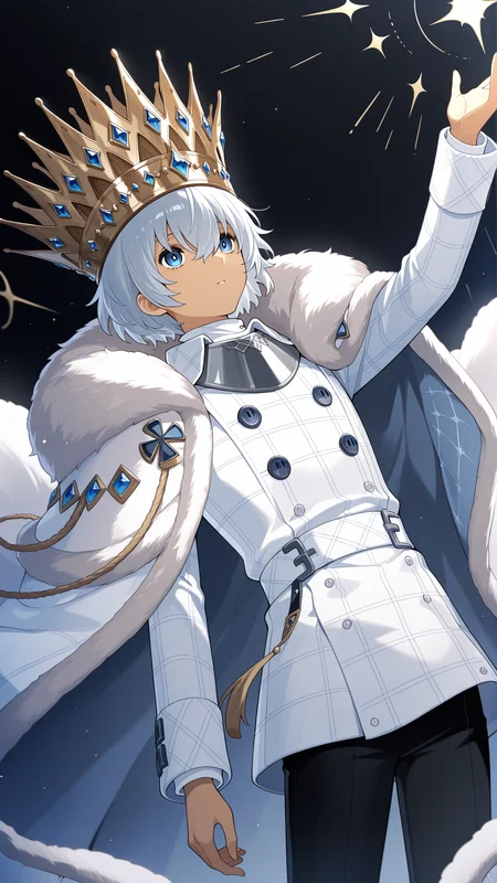 Masterpiece, best quality, newest, solo, 1boy, male focus, <lora:IlluWill:1> illuwillb, dark skin, hair between eyes, white hair, blue eyes, white jacket black pants, white jacket, black pants, crown, cape, fur trim, floating cape, arm up,