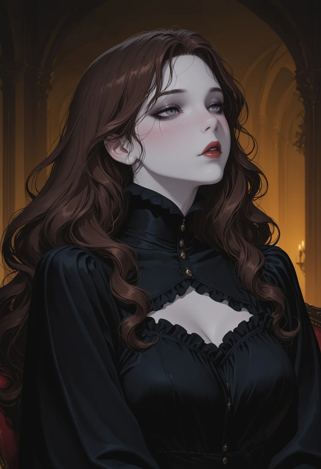 cryos2, mature female, 1girl, pale skin, blush, very long wavy hair, brown hair, grey eyes, vampire, victorian, frilled dress, black dress, high collar, cleavage cutout, sitting, portrait, masterpiece, best quality, incredibly absurdres, amazing quality, very aesthetic, 4k, official art, latest, , <lora:99049ffc-f5ee-4292-8fba-783ed7518c43:0.9>